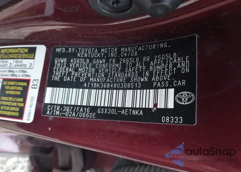2008 Toyota Avalon Xl z USA, uszkodzony, nr VIN 4T1BK36B48U308513